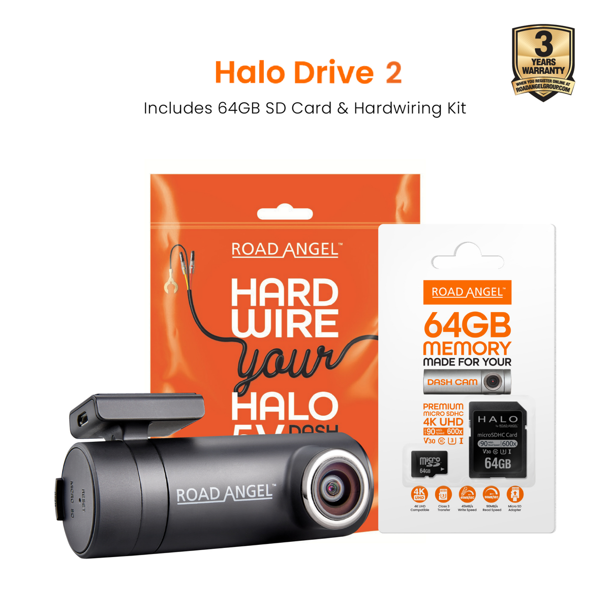 Road Angel Halo Drive 2 2K Compact Dash Cam with 64GB SD Card & Hardwiring Kit Bundle
