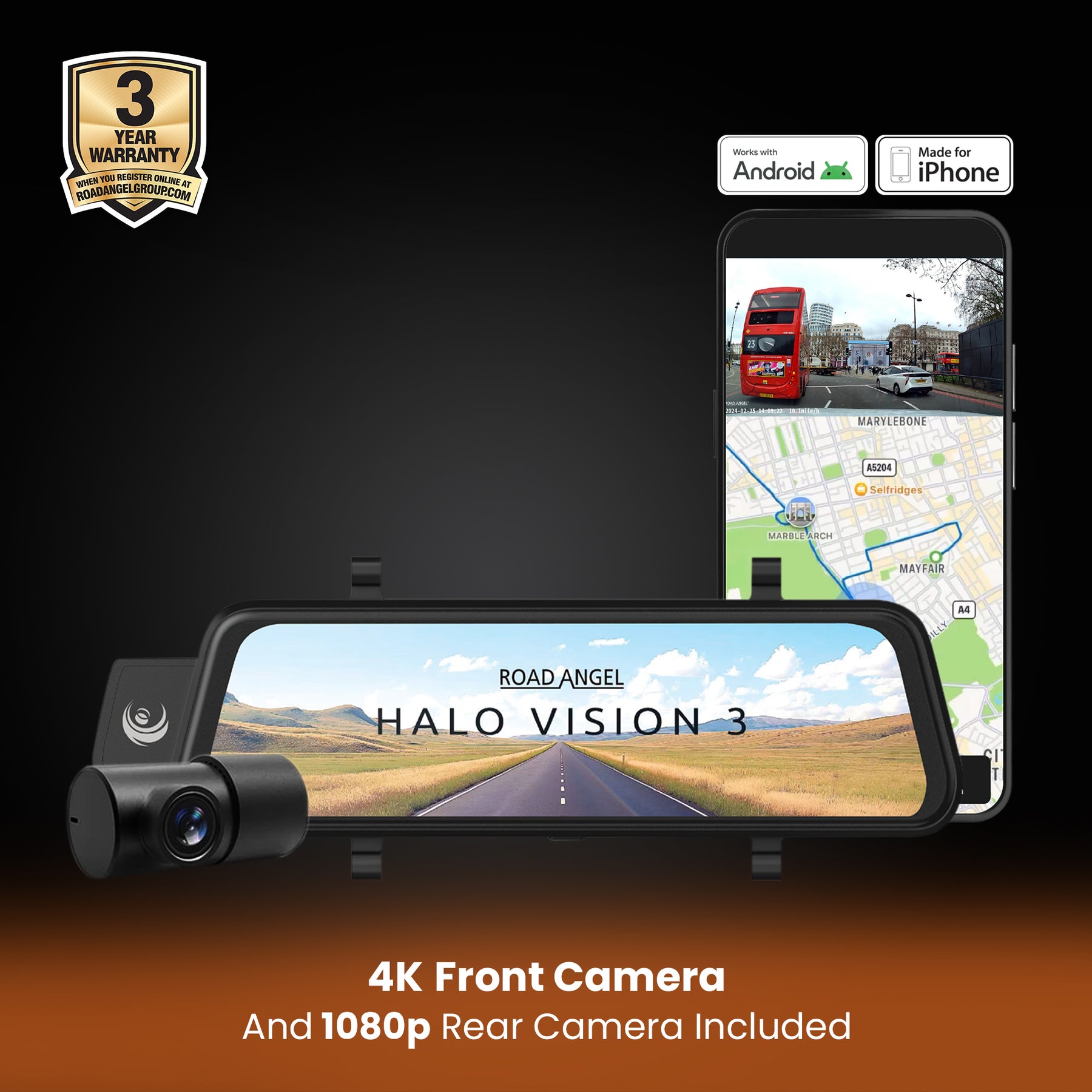 New - Halo Vision 3 4K – 2160p & 1080p Front & Rear Anti-Glare Mirror Dash Cam with integrated 10 inch LCD touchscreen