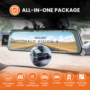New - Halo Vision 3 4K – 2160p & 1080p Front & Rear Anti-Glare Mirror Dash Cam with integrated 10 inch LCD touchscreen